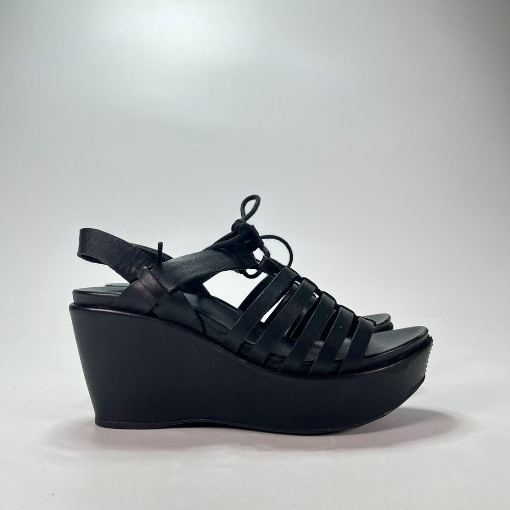Kork Ease Black Leather Gladiator Strappy Platform Wedge Sandals Women's Size 6M